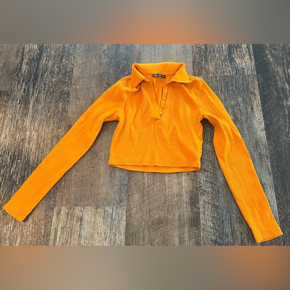 Zara Orange Long-Sleeve Polo Crop Top